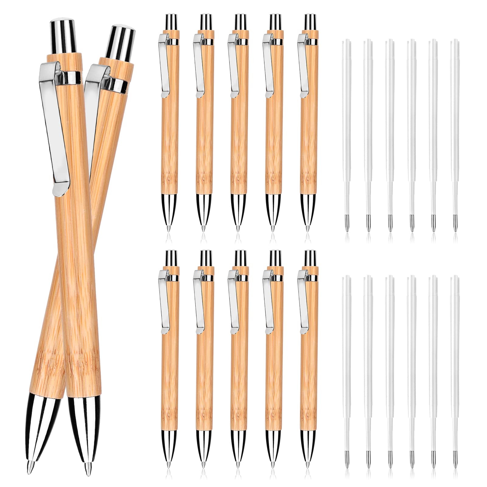 Cobee 24 Pcs Bamboo Ballpoint Pen and Refills Set, 1mm Retractable Black Ink Pens Sustainable for Writing, Journaling, School, Office (12 Pens + 12 Refills)