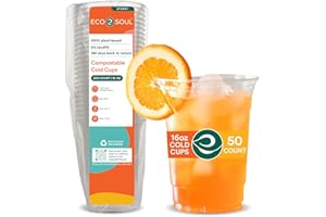 ECO SOUL 100% Compostable, Disposable Party Cups | Eco-Friendly Party Cups | (50 Count, 16 oz Cold Cups)