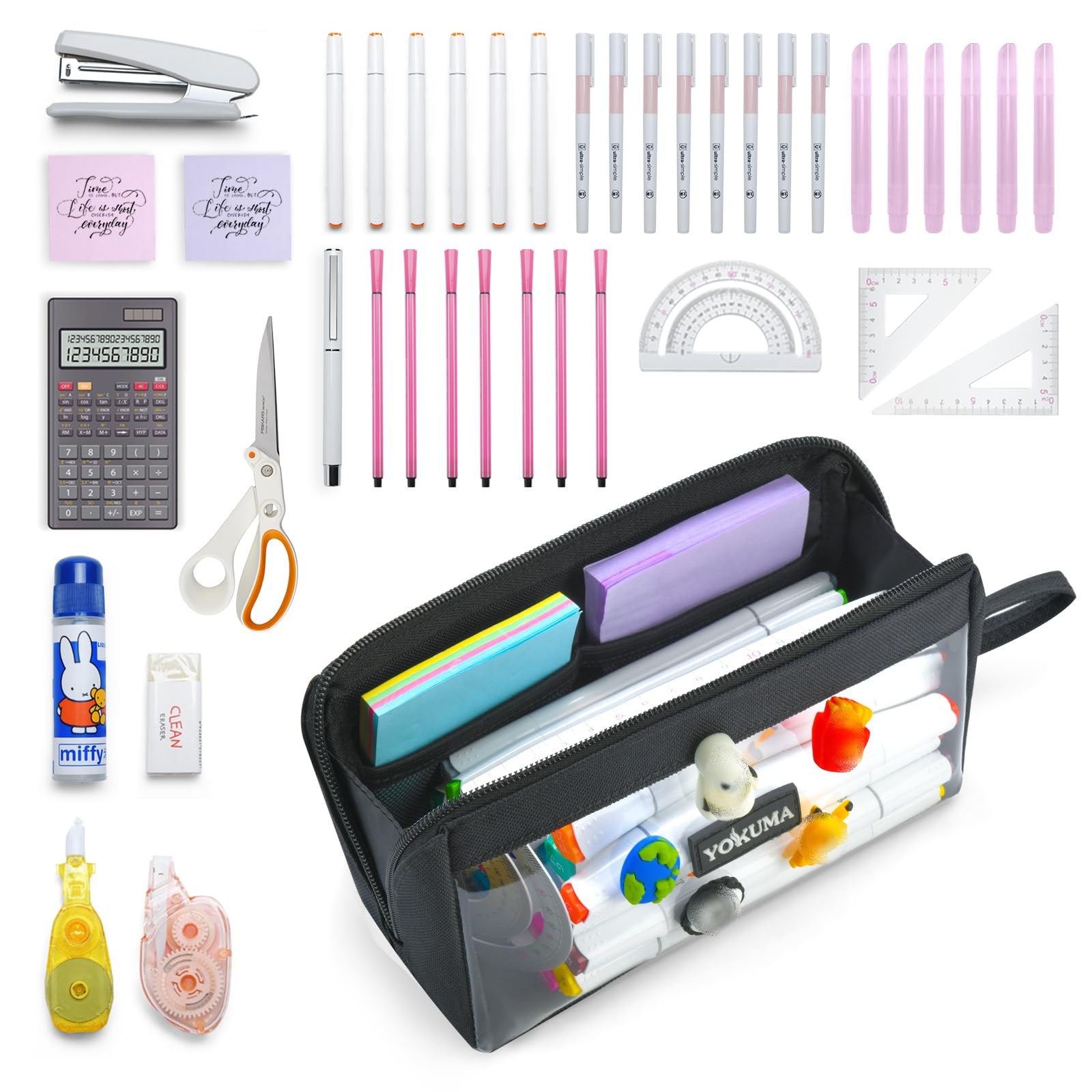 YOKUMA Pencil Case for Boys Girls Cute Kawaii Clear Aesthetic Pencil Pouch Mark Pen Case Organizer Large Capacity for Teen College Students Adults,Small Makeup Bag, School Supplies (Black)