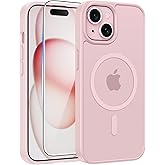 FNTCASE for iPhone 15/14/13 Case, Fit for Magsafe, Glass Screen Protector | Translucent Matte, Magnetic Phone Cases, 14FT Military Grade Drop Protection, Slim Shockproof Protective Cover, Light Pink