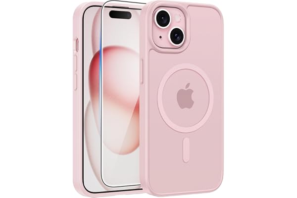 FNTCASE for iPhone 15/14/13 Case, Fit for Magsafe, Glass Screen Protector | Translucent Matte, Magnetic Phone Cases, 14FT Military Grade Drop Protection, Slim Shockproof Protective Cover, Light Pink