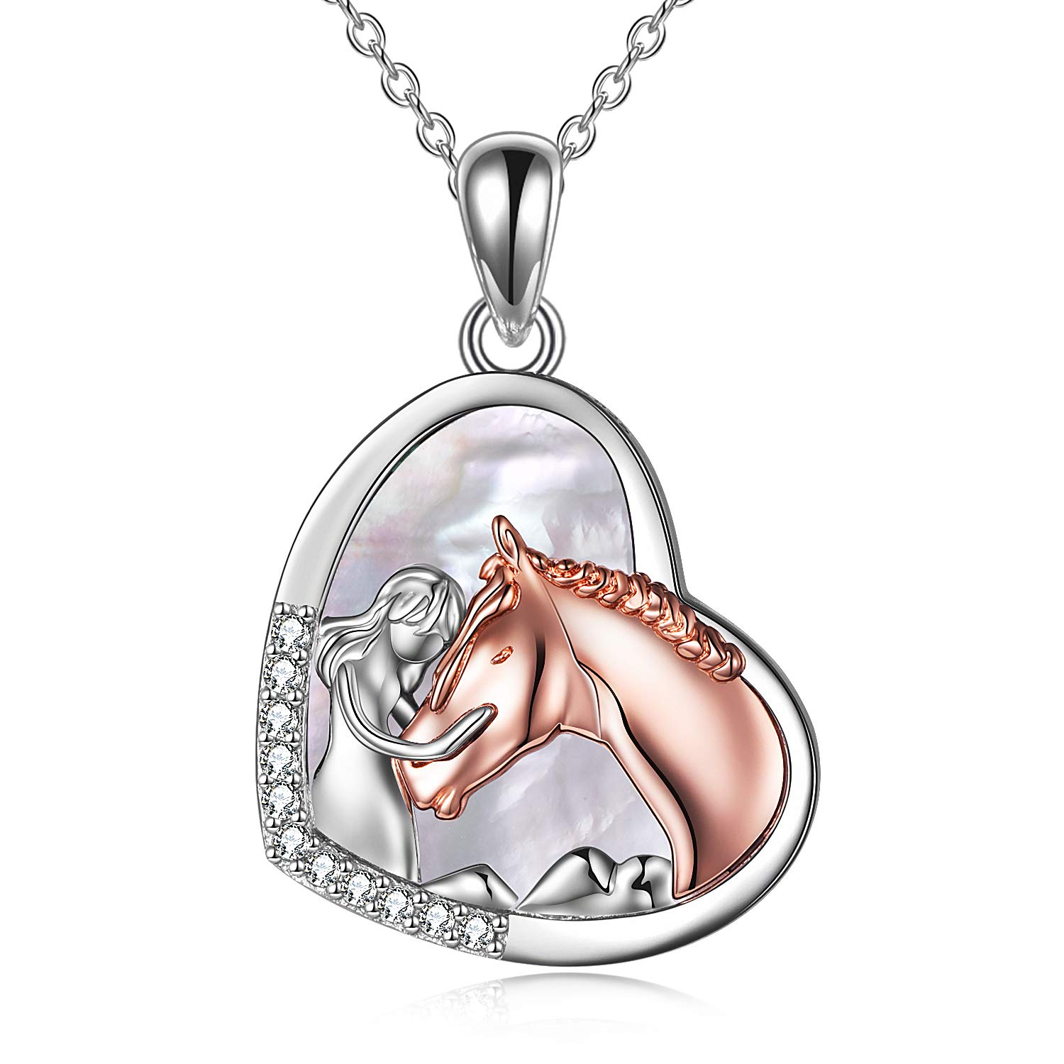 YFN Girl and Horse Necklace for Girls Sterling Silver Horse Jewellery Horse Gifts for Women (Horse Necklace with Mother of Pearl)