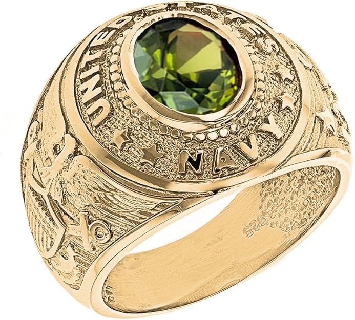 Solid 10k Yellow Gold August CZ Birthstone US Navy Men's