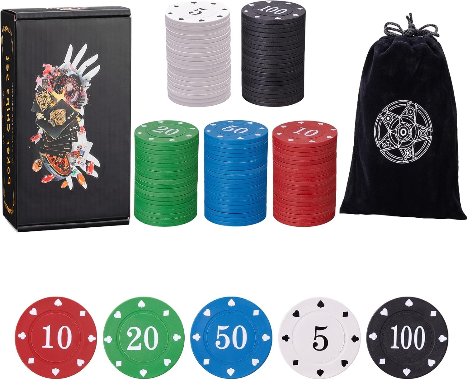 Photo 1 of IXIGER Poker Chips,Denomination Poker Chips Set with Black Velvet Pouch Bag,Plastic Learning Counters Disks and Learning Math Counting Chips,Game Night Party Supplies(100pcs)