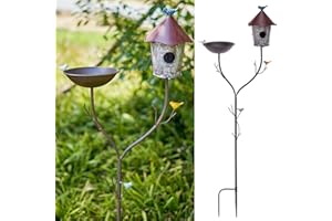 SMQLJXC Bird Baths and BirdHouses with Pole, Distressed Metal Bird Bath Bowl and Birdhouse Stake for Outdoor Garden Yard Decoration (Bird Baths/BirdHouses-A)