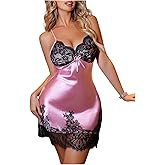 SweatyRocks Women's Lace Satin Nightgown V Neck Sleepwear Slip Dress Babydoll Lingerie Dress