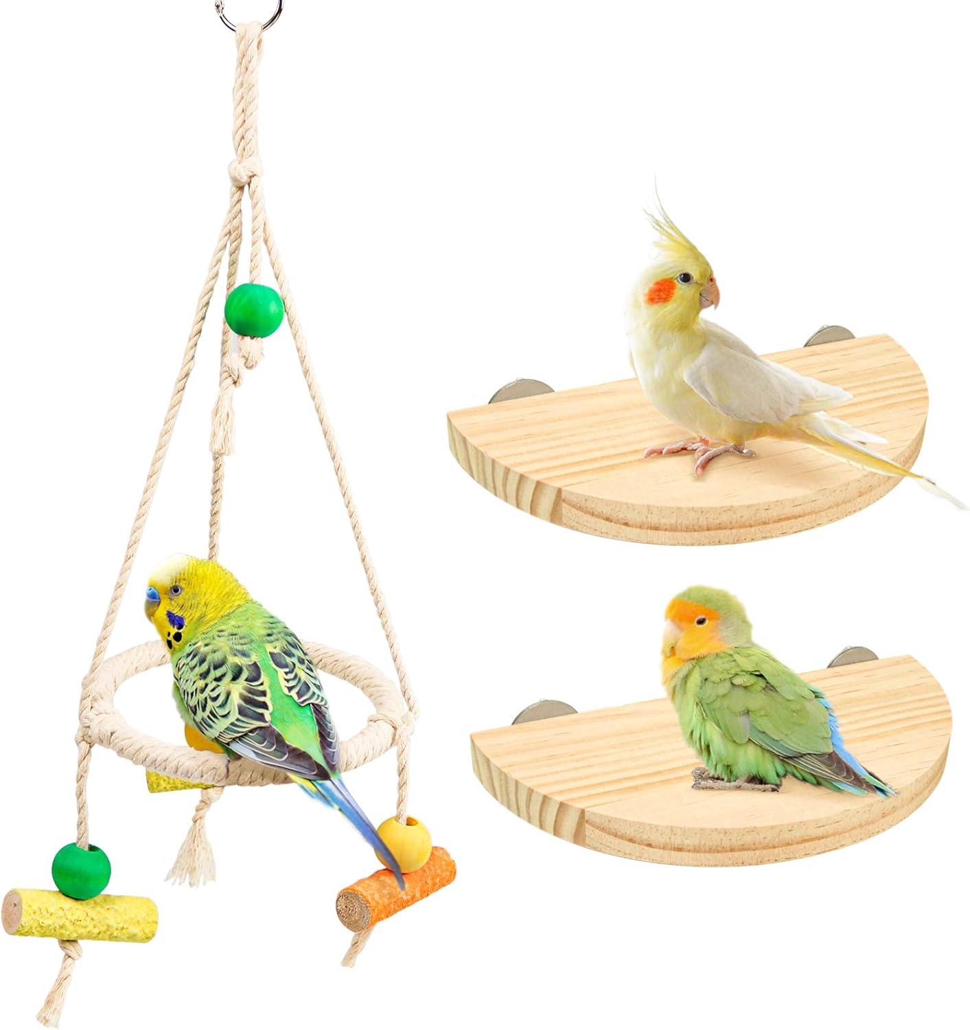 Bird Perch Stand Parrot Rope Swing Hanging Toy,Circle Ring Parakeet Perch Swing Toys&Bird Platform Parrot Stand Playground for Budgie Conure Finches Lovebird Cockatiel Cockatoo Exercise Toys