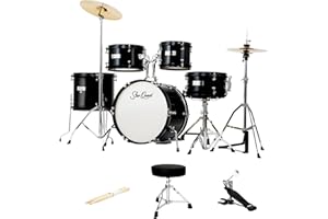 StarQuest SQ-DS-JR5-BLK 5-Pieces Drum Set for Beginners, Complete Junior-Sized Drum Kit Metallic Black W/ 16"Bass, Drumsticks