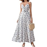 VKIHOC Summer Floral Maxi Dress Cut Out Boho Spaghetti Strap Bow Tie Lace Up A Line Beach Vacation Dress for Women 2026