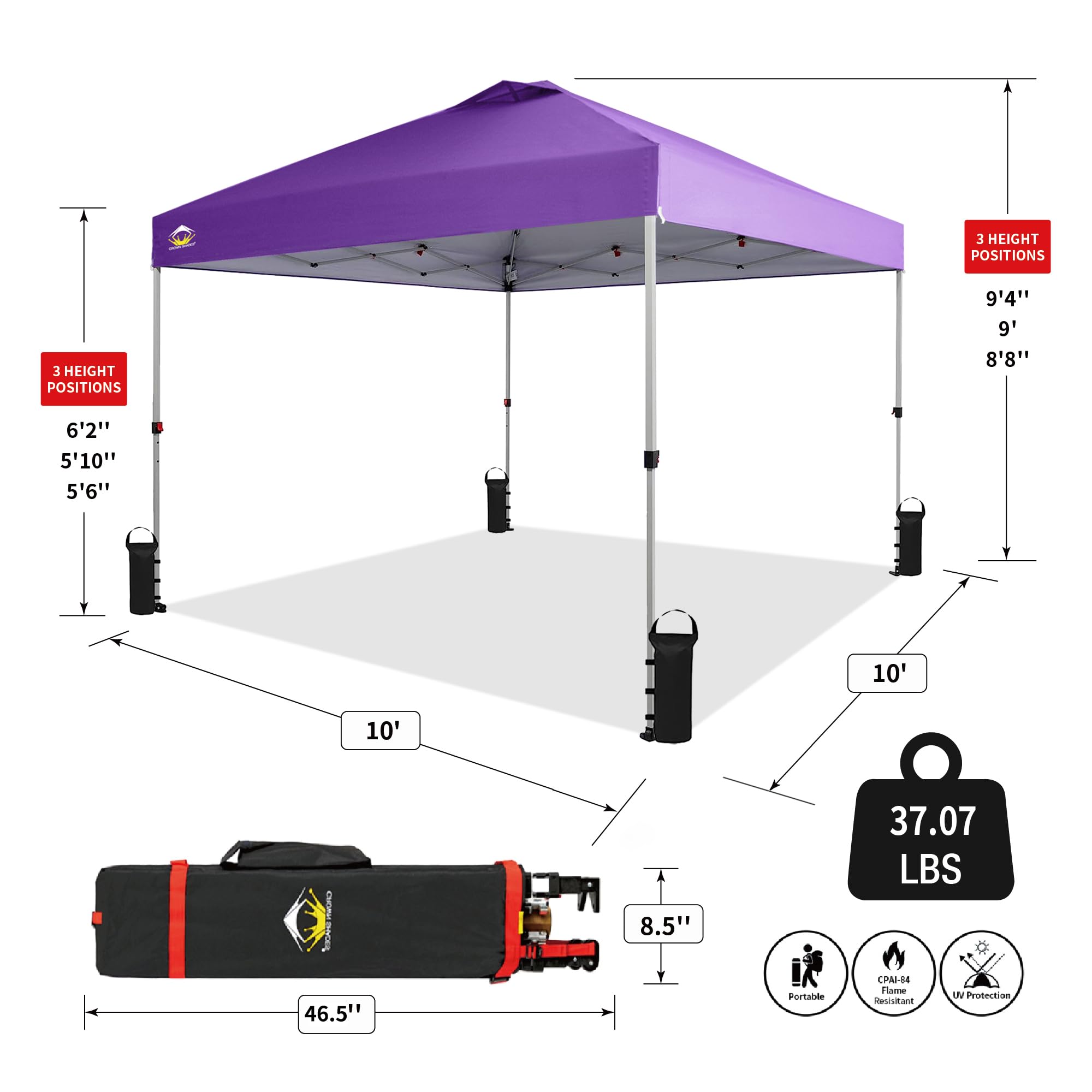 CROWN SHADES 10x10 Pop Up Canopy - Beach Tent with One Push Setup - Easy Outdoor Sun Shade for Events, Parties, Camping - Gazebo with STO-N-Go Cover Bag, Silver Coated Top, Purple