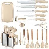 RAXCO Cooking Utensils Set,18-Piece Kitchen Utensils and Knife Set,Khiki | Food-grade Silicone Utensils Heat-resistant to 410&deg;F,5-Piece Stainless Steel Kitchen Knife with Sharpener and Cutting Board