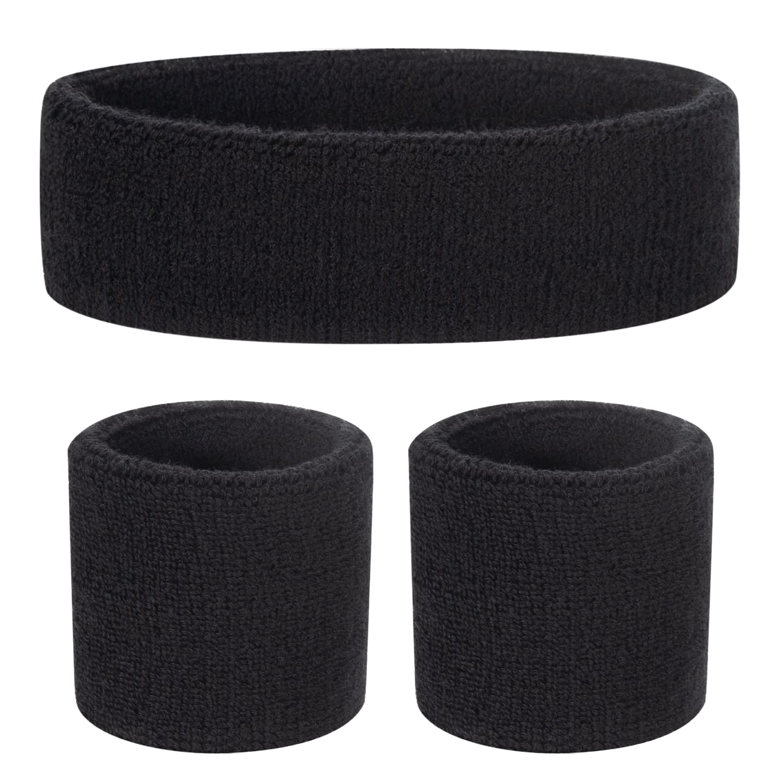ONUPGO Kids Sweatbands Headband Wristband Set - Athletic Cotton Sweat Band for Sports (1 Headband + 2 Wristbands) (Black)