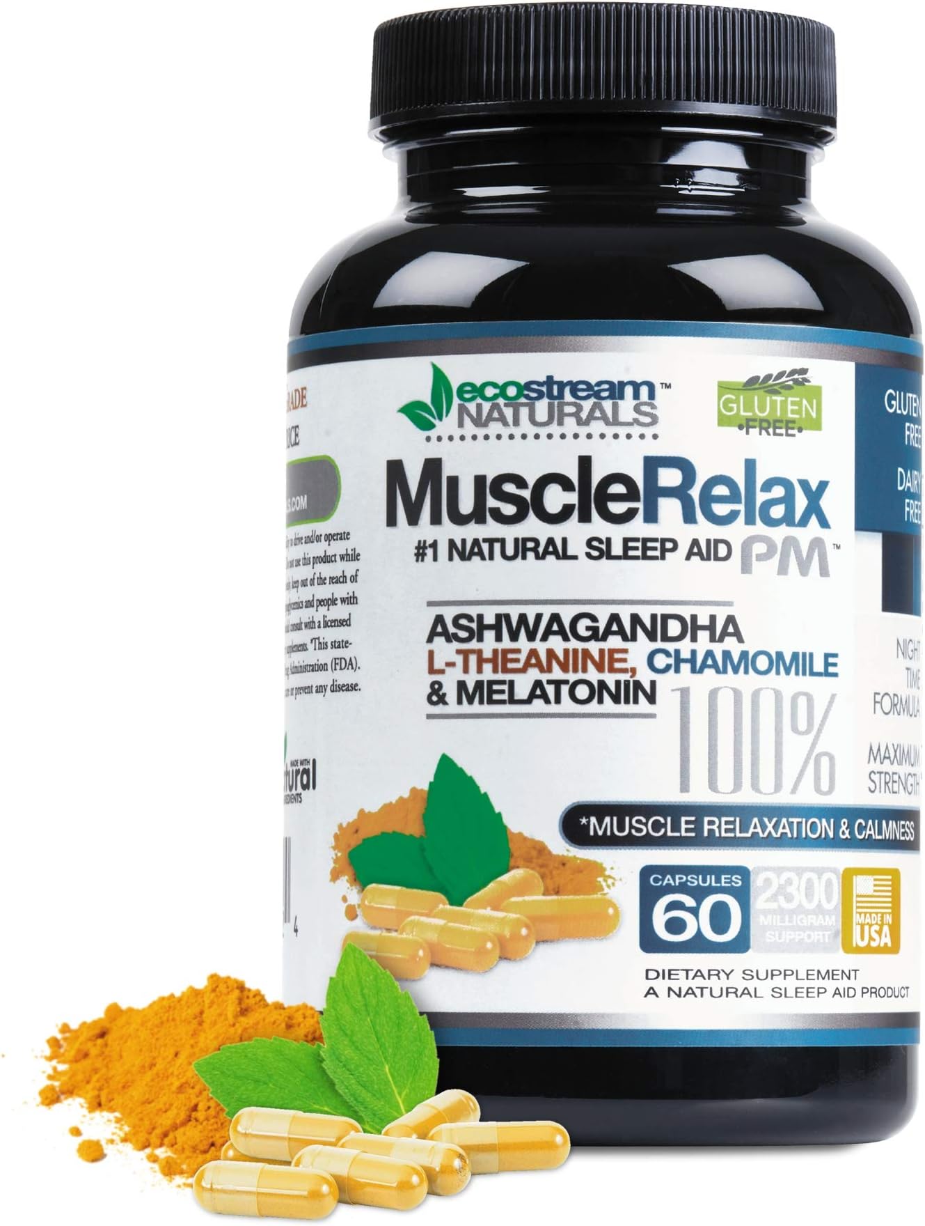 MuscleRelax PM by EcoStream Naturals - Nighttime Use, Naturally Derived Ingredients - Safe and Effective - Gluten-Free - 60 Capsules