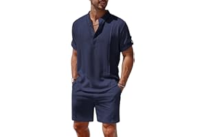 COOFANDY Men's 2 Pieces Linen Set Henley Shirt Short Sleeve and Shorts Summer Beach Yoga Matching Outfits