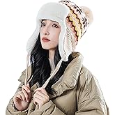IPENNY Women's Winter Faux Fur Lined Trapper Hat, Warm Knitted Beanie with Pom Pom & Earflaps, Warm Ski Cap for Cold Weather
