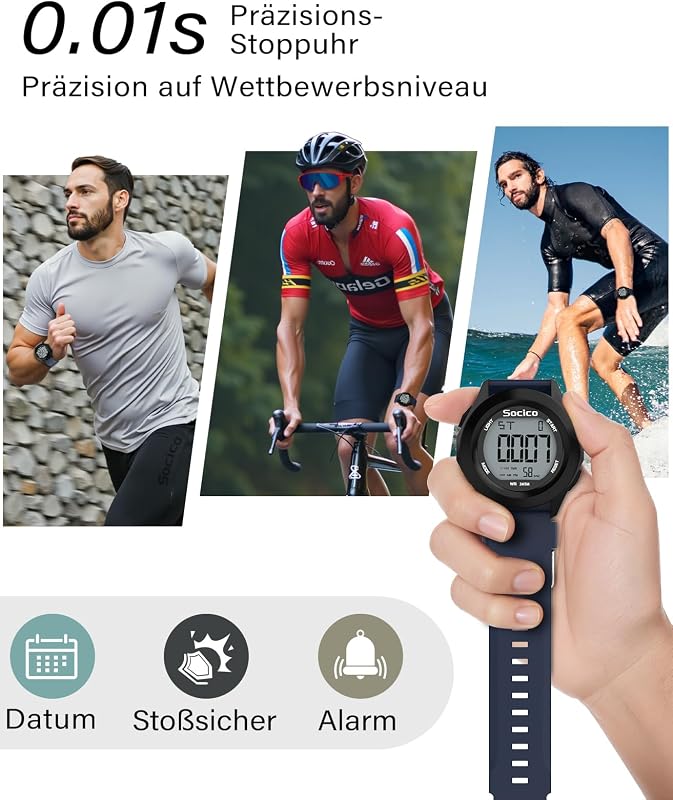 Herren Digitaluhr Sport Militär Uhren wasserdichte Outdoor-Chronographen-Armbanduhren für Männer mit LED Beleuchtung Alarm Datum (Blau) — Foto 5 von 7