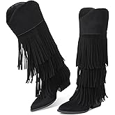 Grakihily Cowgirl Boots for Women Retro Pointed Toe Pull On Block Chunky Heel Fringe Country Concert Outfits Knee High Western Suede and Faux Leather Cowboy Boots