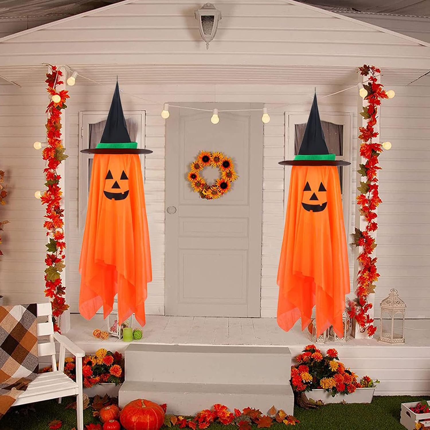 Flags - Halloween Decorations - 2 Pack Lighted Pumpkin Ghost Witch Halloween Decor, Outdoor/Indoor Hanging Decorations Ornaments for Party Home Wall Yard Tree Porch Lawn
