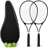 Amazon Basics Lightweight Aluminum Tennis Racket Set with Ergonomic Grip, 27-inch Adult, Set of 2 with 3 Balls and 2 Overgrips
