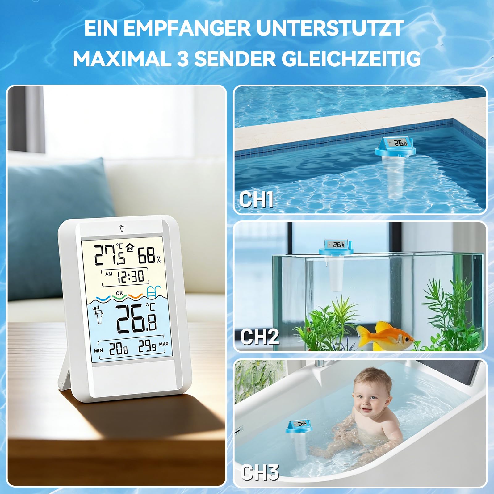 Warmfay Poolthermometer Funk Digital, Solar & Akku Betrieb, IP68 Wasserdicht Funkthermometer Schwimmend mit Empfänger bis 70 m Reichweite, Funk Pool Thermometer für Schwimmbad, Badewanne, Teich Spa 7