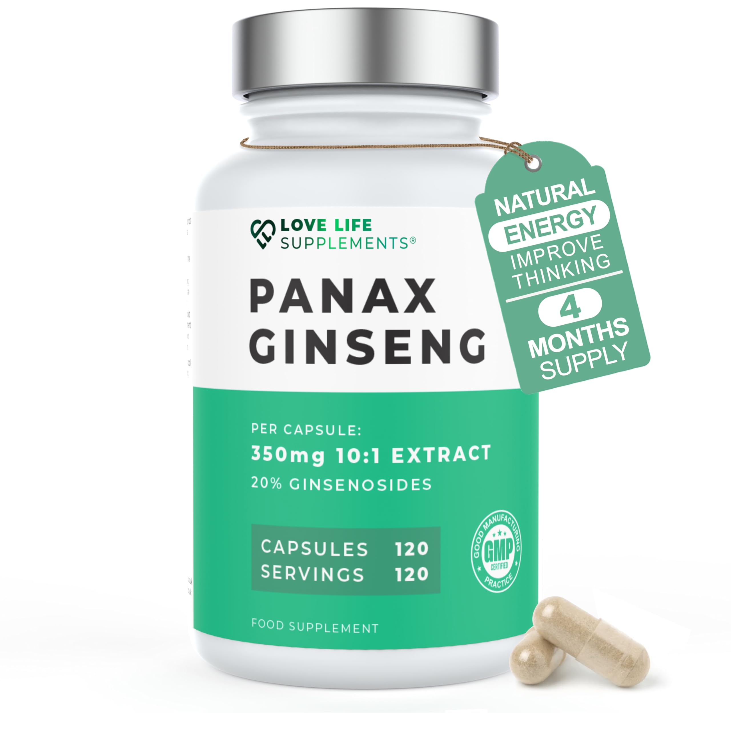 Panax (Korean) Ginseng 3500mg 20% Ginsenosides | 4 Month Supply - 120 High Strength Capsules with No Bulking Agents | for Improved Memory, Athletic Endurance, Stress Reduction | Love Life Supplements