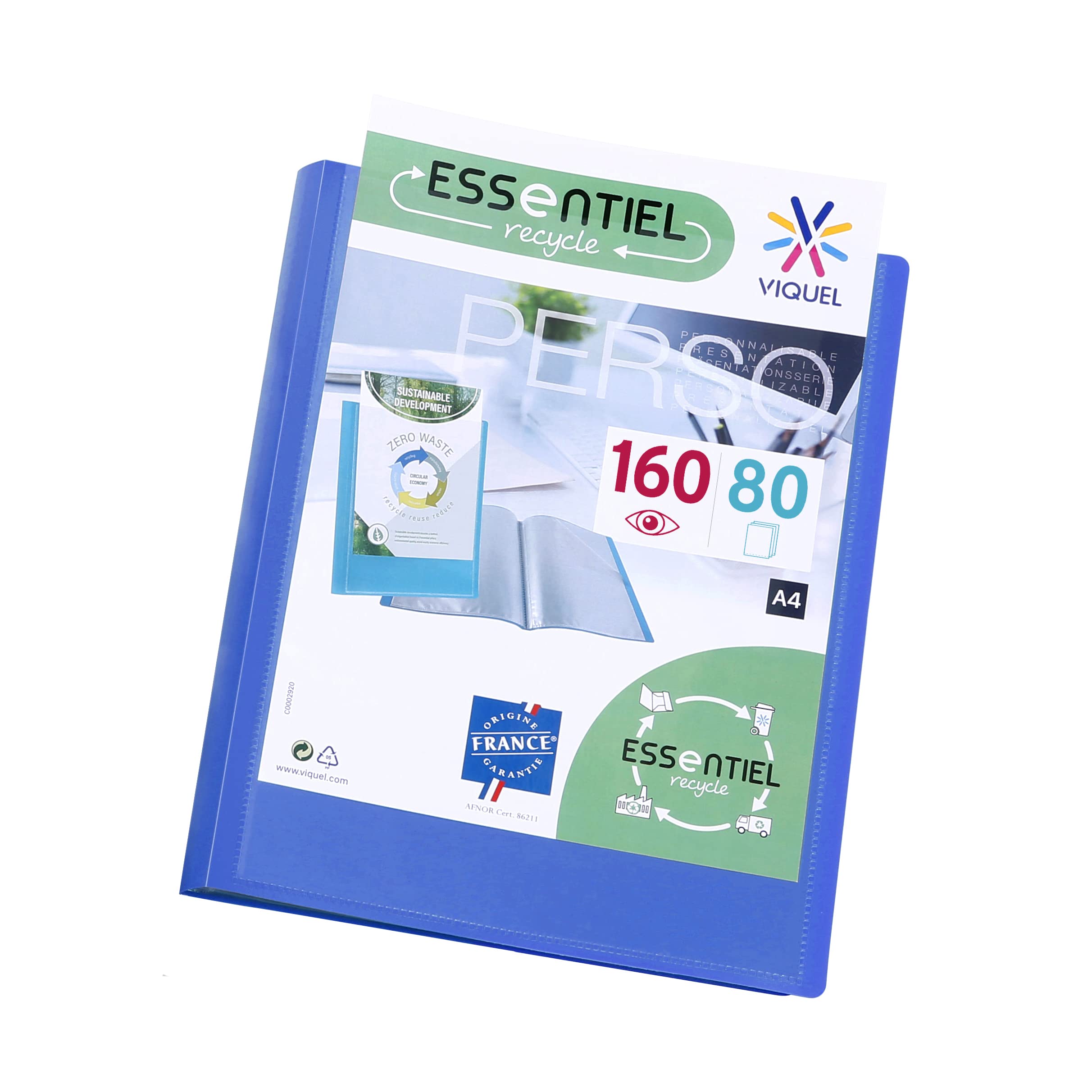Viquel - A4 160 Pockets Display Book - Customisable Binding - Smooth Clear Pockets - Recycled Essential - Blue