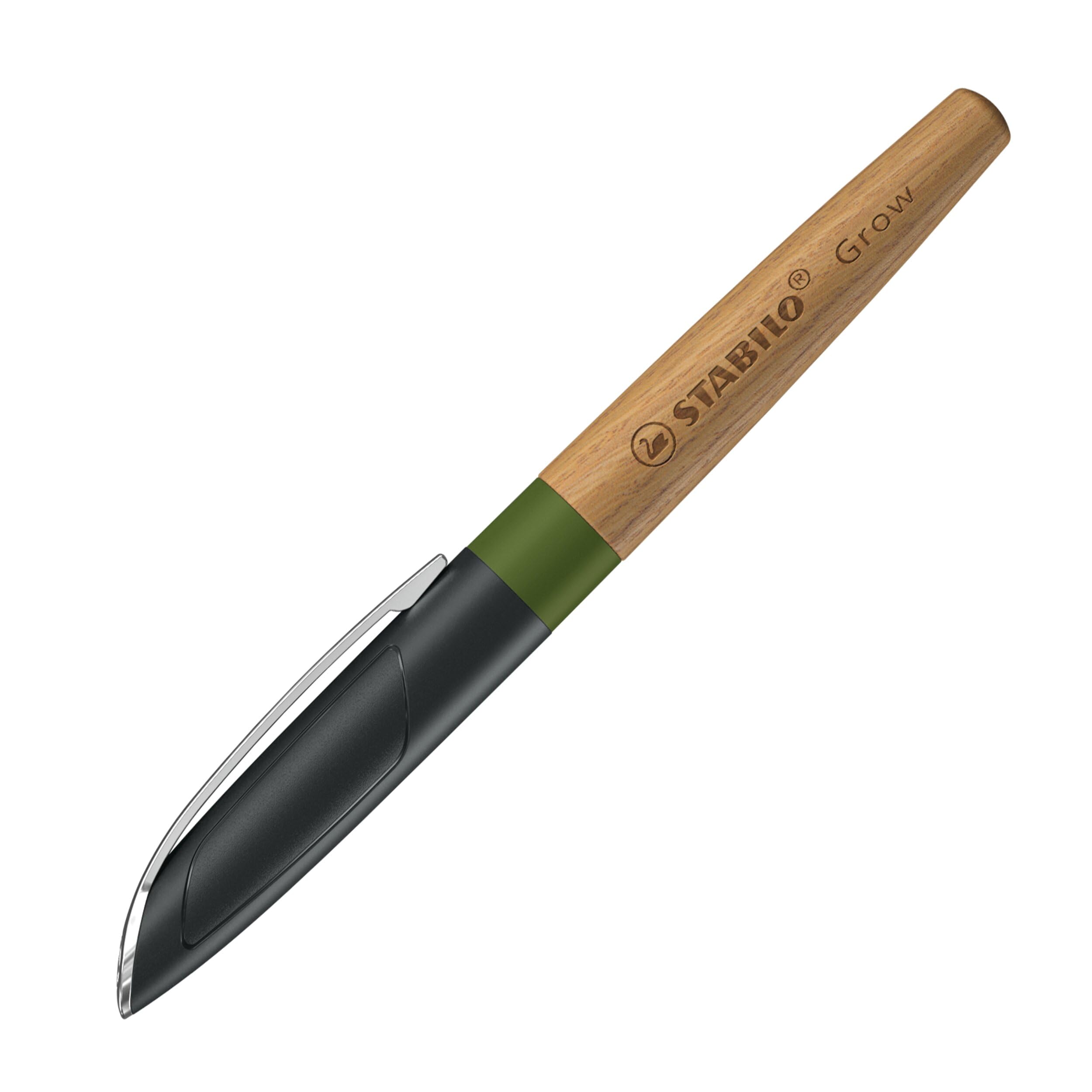 STABILO Grow - Climate-Neutral Fountain Pen - Pack of 1 - Moss Green/Oak Wood including Blue Ink Cartridge