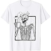 Skeleton Vintage Picture with Smiling Skull Drinking Coffee T-Shirt