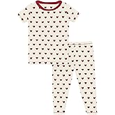 KicKee Full of Hearts Two Piece Pajamas Set, Short Sleeve, Long Pants, Snug Fit Pajamas (Natural Hearts - 6 Years)