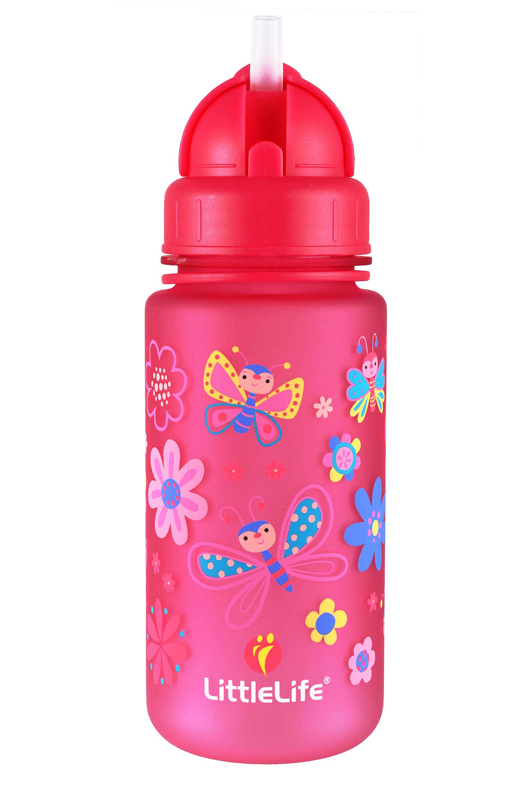 LittleLife Children's Water Bottle With Easy-Access Lid & Straw, 400ml, Pink Butterflies