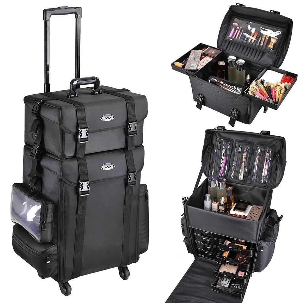 AW Classic Black 2in1 Soft Sided Rolling Makeup Case Freelance Makeup Artist Cosmetic Organize Storage Travel Train Case