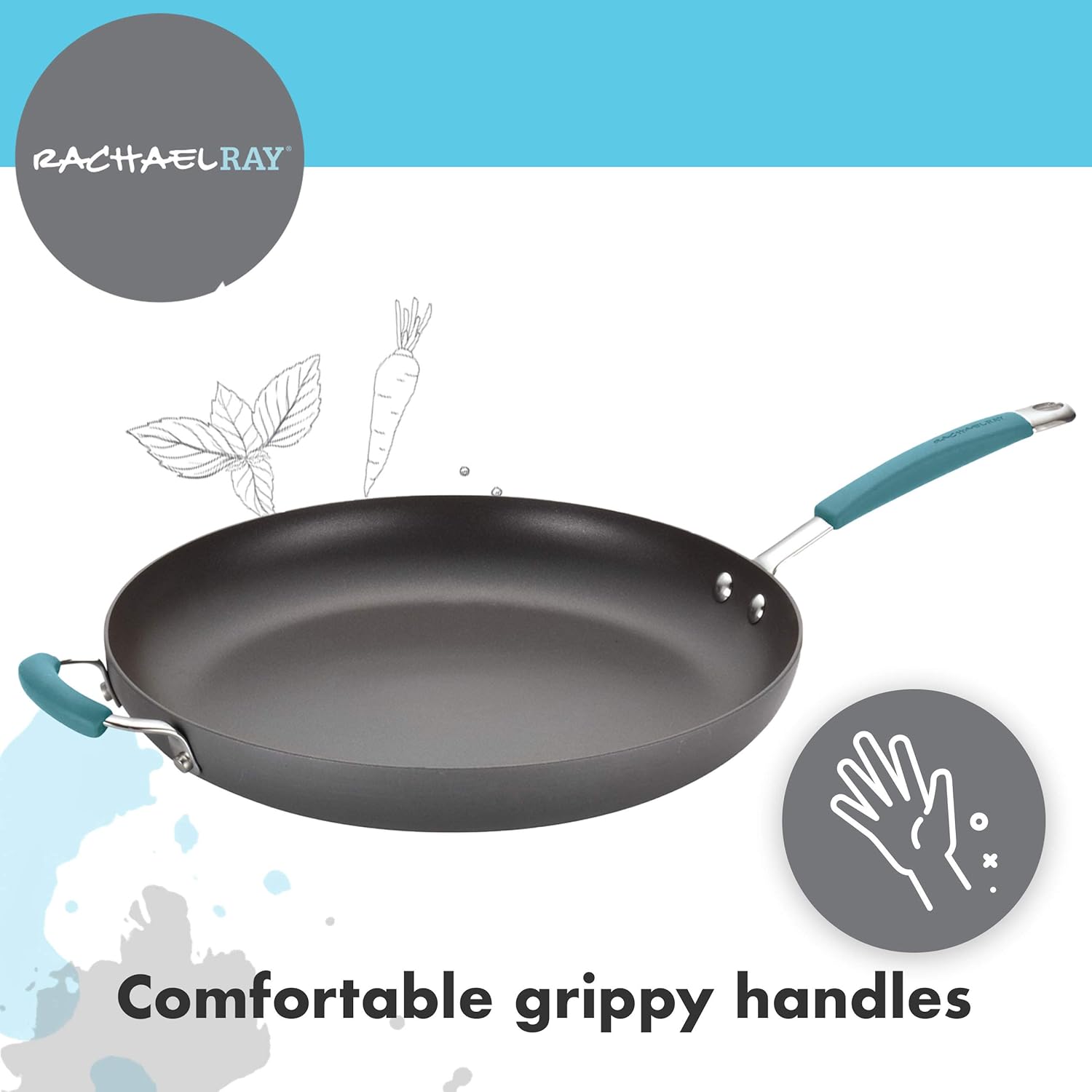Rachael Ray 87642 Cucina Hard Anodized Nonstick Skillet with Helper Handle, 14 Inch Frying Pan, Gray/Agave Blue: Kitchen & Dining