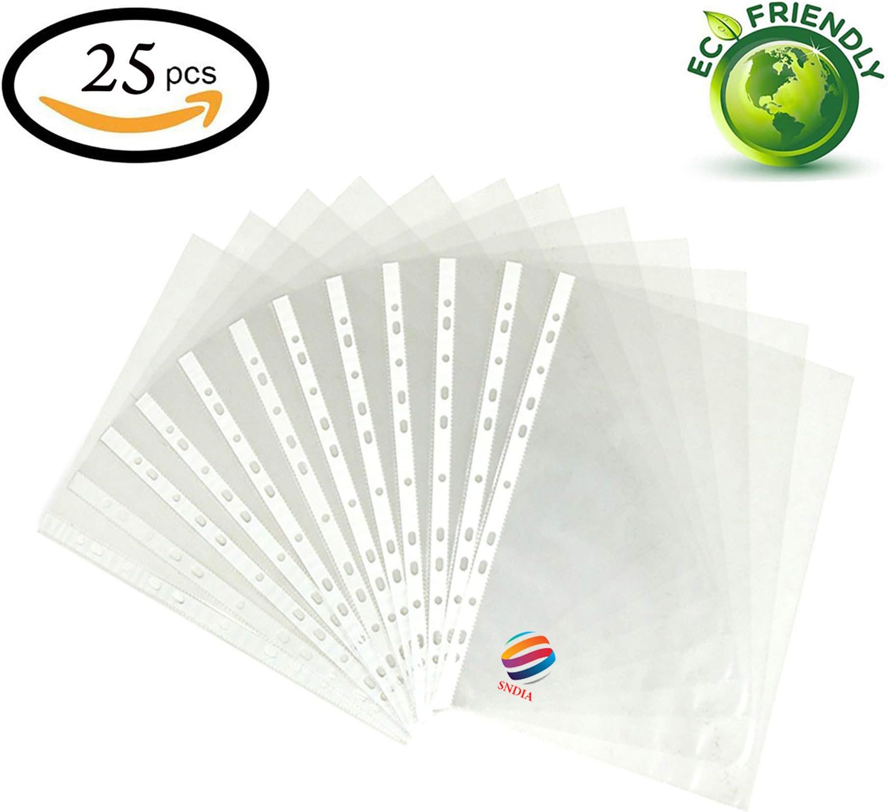 SNDIA Document Sleeves, A4 Size Waterproof Transparent Sheet Protector with 11 Holes - Pack of 25