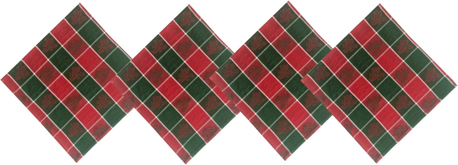 Lintex Christmas Holly Patchwork Cotton Fabric Napkins - Red and Green Holly Grid Jacquard Jacquard 100% Cotton Weave Kitchen and Dining Room Napkins, Set of 4 Napkins