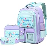 DIGOBAY Girls' School Backpack Set: Kindergarten - High School with Lunch Box & Pencil Case, Kawaii Mermaid Design