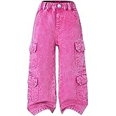 WDIRARA Toddler Girl's Elastic Waist Wide Leg Cargo Jeans Baggy Denim Pants with Flap Pocket