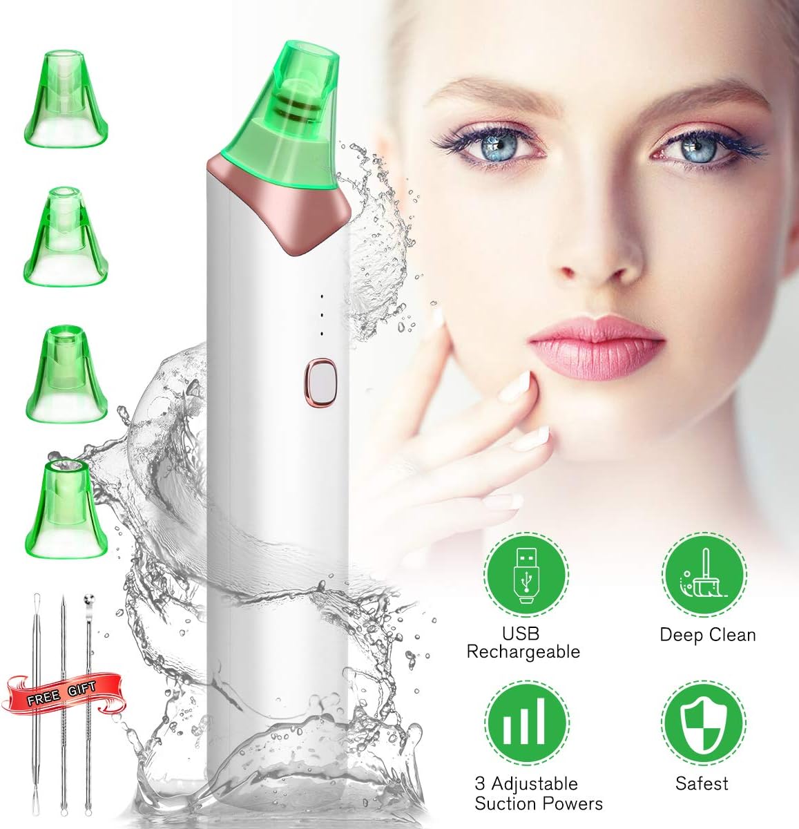 Blackhead Remover, USB Rechargeable Electric Facial Pore Cleanser, 3 Adjustable Vacuum Suction Levels, 4 Pore Vacuum Probe, Pore Extractor for Whitehead, Comedone, Pimple