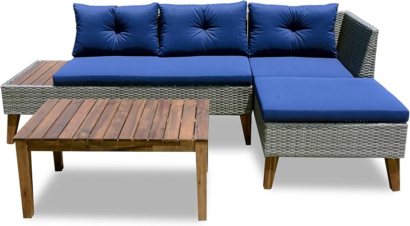 Amazon Com Patio Furniture Set 3 Piece Outdoor Sectional Sofa Manual Weaving Wicker Rattan Patio Conversation Set Blue Cushion And Solid Wood Table Grey Garden Outdoor