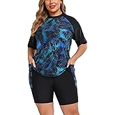 Halcurt Women's Plus Built in Bra Rash Guard Two Piece Swim Shirt and Pockets Boyleg Shorts