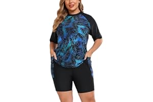 Halcurt Women's Plus Built in Bra Rash Guard Two Piece Swim Shirt and Pockets Boyleg Shorts