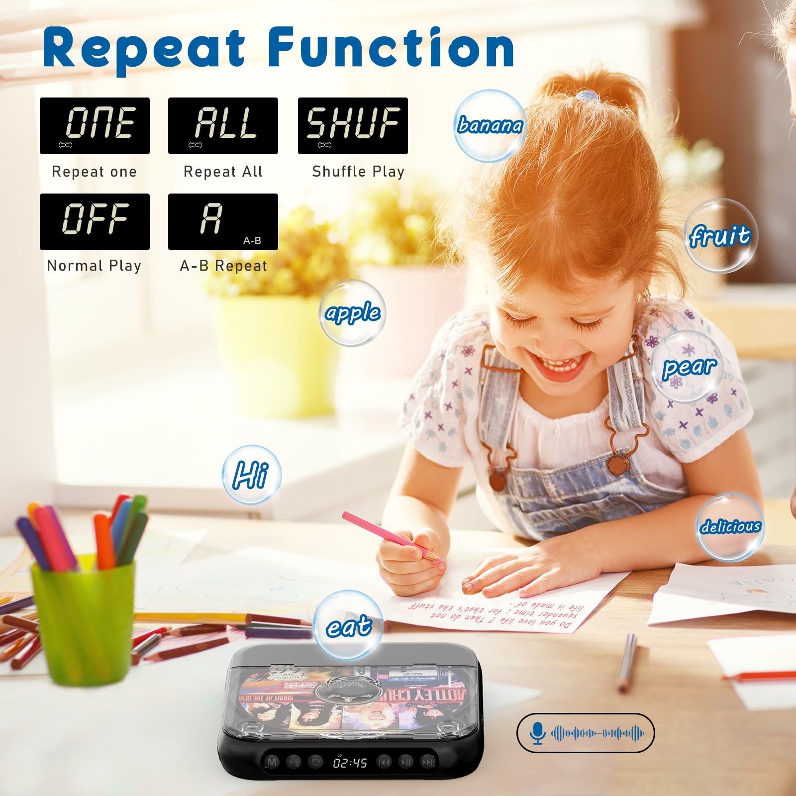 Portable CD Player with Bluetooth 5.3, Rechargeable CD Player for Home/Car, Built-in HiFi Speakers, Headphones, LCD Screen, Supports CD/AUX/USB and Repeat Modes, Black