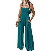 KIRUNDO Womens Jumpsuit 2026 Summer Casual Loose One Piece Overalls Smocked Sleeveless Wide Leg Rompers With Pockets