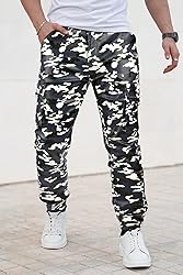 GINGTTO Mens Cargo Moto Pants White Camo Leather