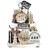 Tradder 10 Pcs Tiered Tray Decor Set - Pine Christmas Tree Tabletop Decor - Let It Snow Merry Christmas Wooden Signs for Home Office Kitchen Holiday