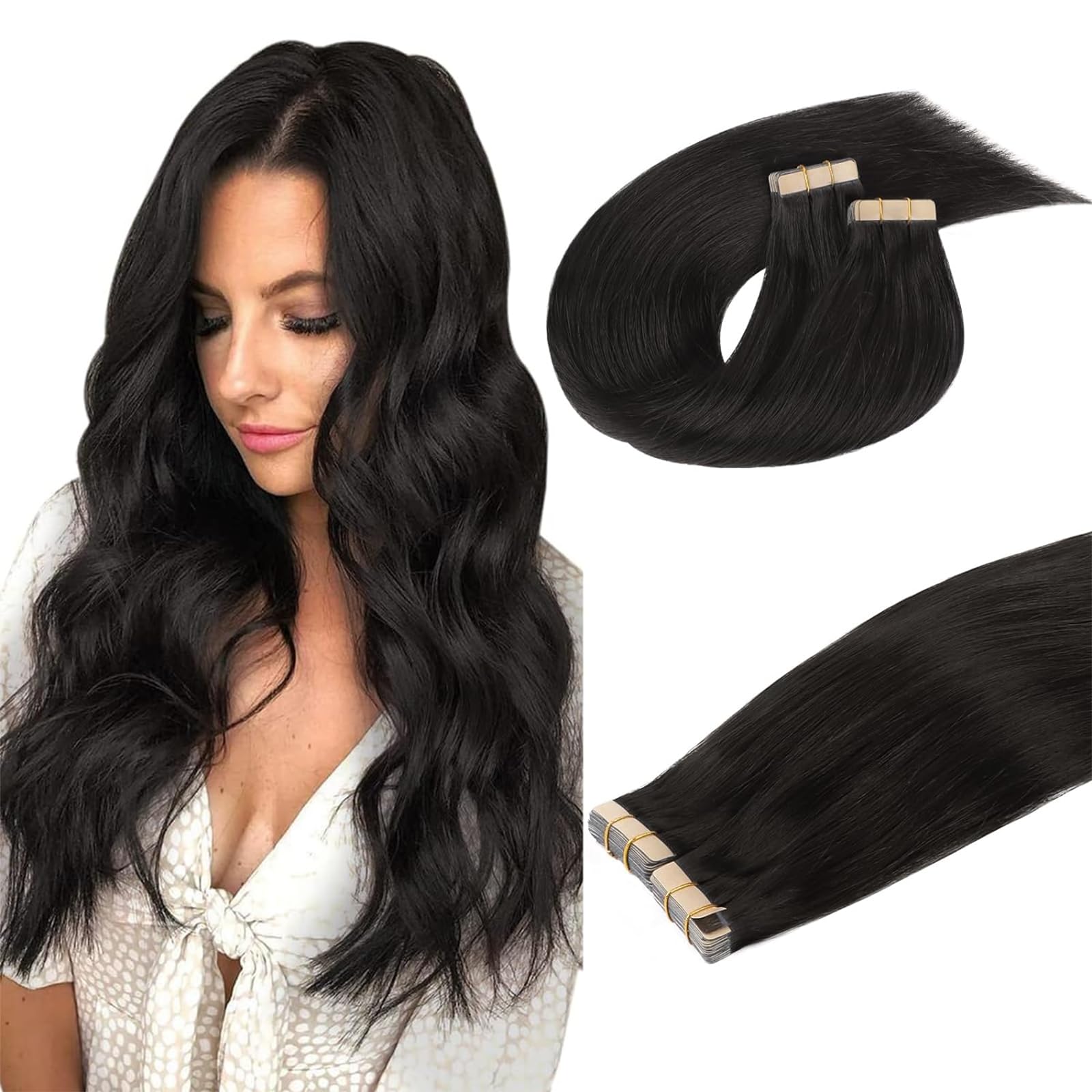 DOORES Hair Extensions Tape in Human Hair Natural Black 18 Inch 40pcs 100g, Remy Seamless Straight Real Human Hair Extensions — image 1