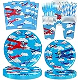 120 Pcs Airplane Birthday Party Supplies Airplane Aircraft Party Decoration Includes Paper Plates Cups Napkins Straws Forks for Aviation Theme Boys Baby Shower 1st 2nd 3rd 4th Birthday Decor Favors