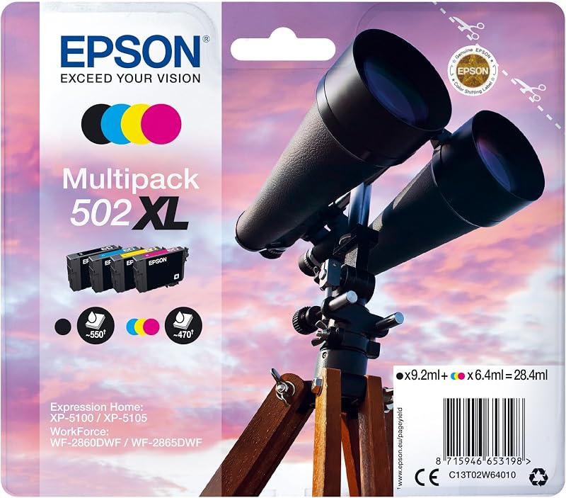 Epson 502XL Genuine High Yield Ink Cartridges Quad Pack Black Cyan Yellow