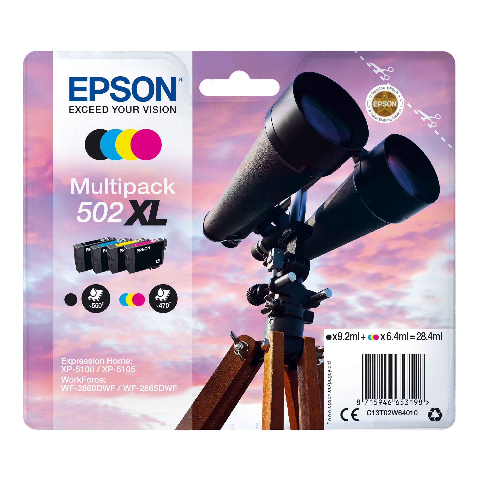 Epson 502XL Binoculars Genuine High Yield Multipack, 4-colours Ink Cartridges