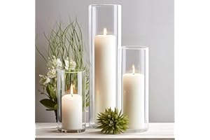 Set of 12 White Pillar Candles with Glass Cylinder Vases Clear Hurricane Glass Candle Holders for Centerpieces Ideal for Weddings Parties and Decor Sandraheer
