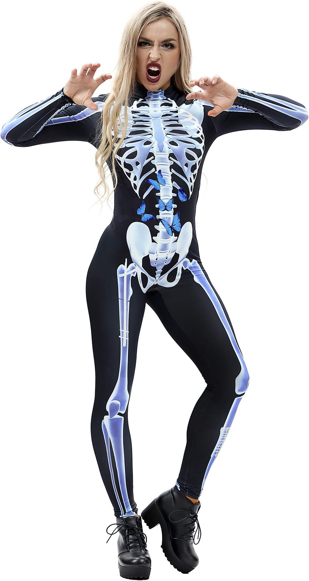 YoumayWomens Halloween Skeleton 3D Print Vampire Costume Bone Skull Skinny Catsuit Jumpsuit